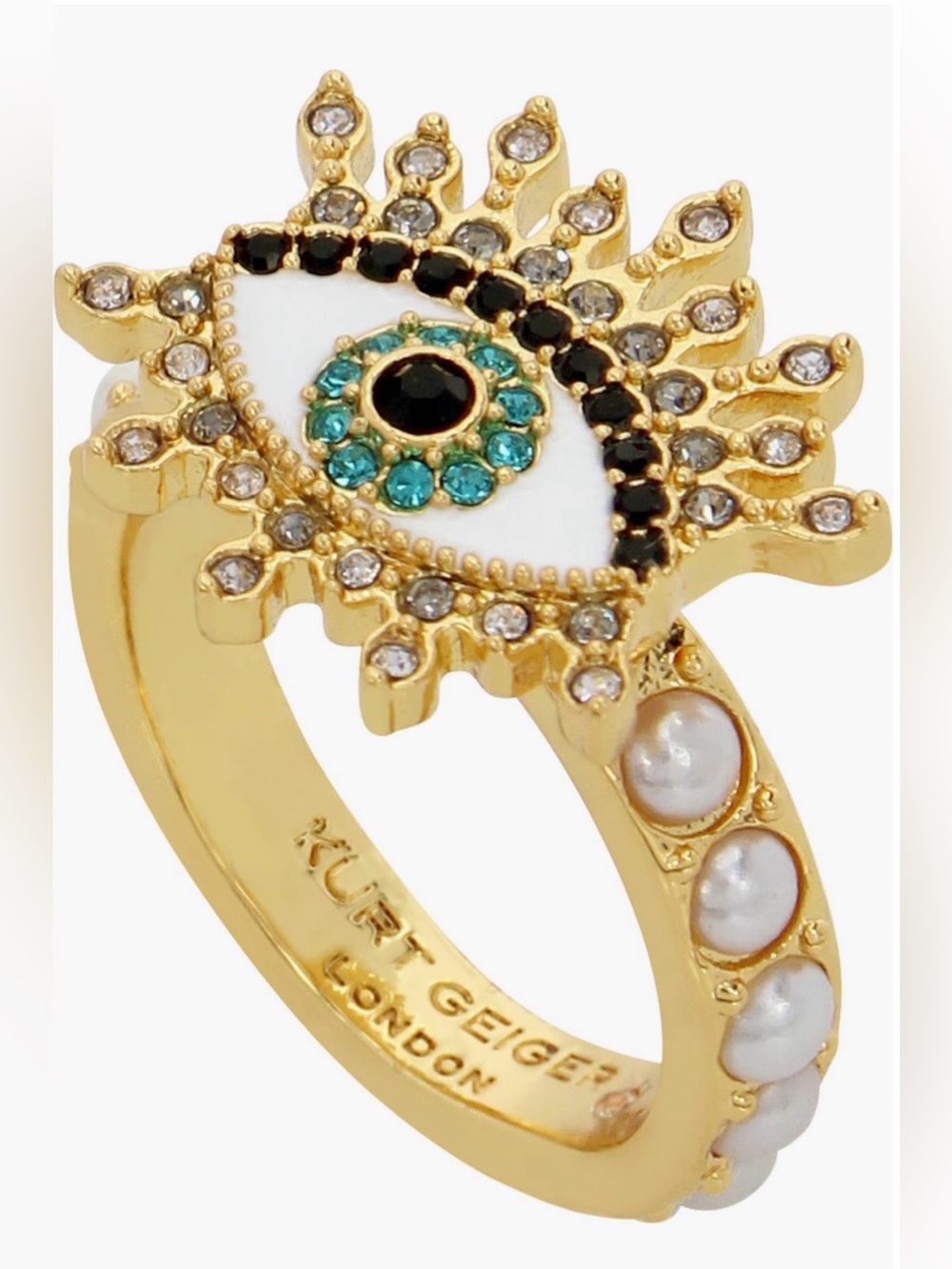 Kurt Geiger London crystal evil eye cocktail ring imitation pearl size 7